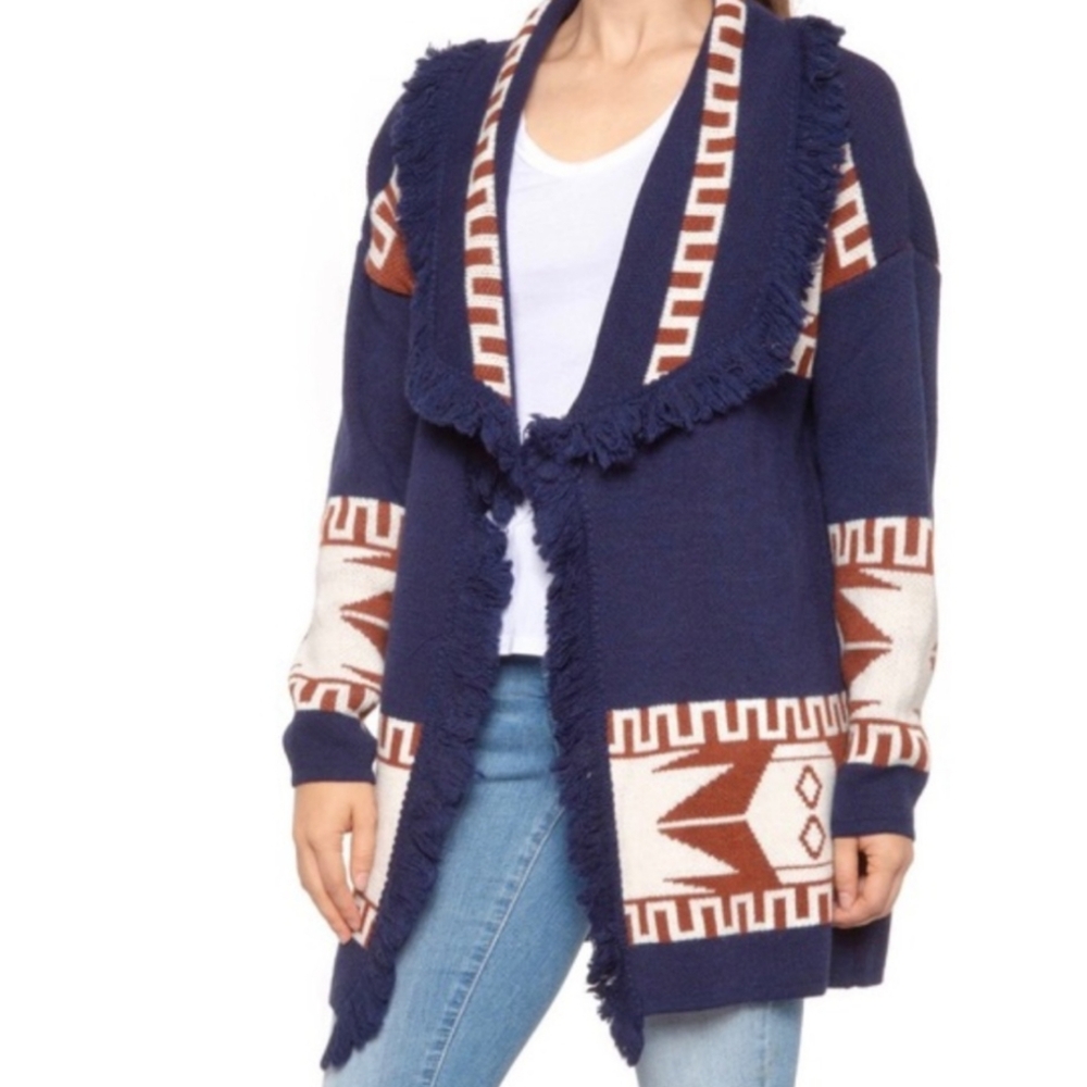 Women's CocoGio Made in Italy‎ Aztec Fringed Wool Blend Long Cardigan Sweater M